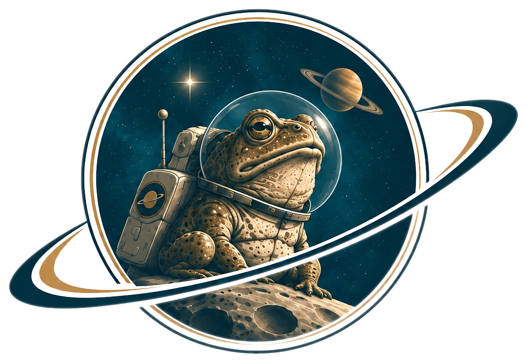 ASTROTOAD emblem — a stoic astronaut toad in a circular space emblem